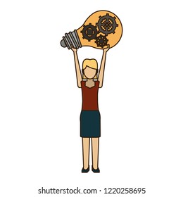 Businesswoman holding bulb with gears