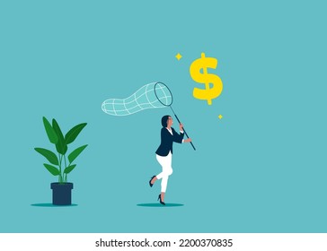 Businesswoman Holding A Butterfly Net. Capture The Dollar Sign. Flat Vector Illustration.