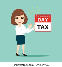 Businesswoman holding a calendar with word tax in her hand, illustration vector cartoon