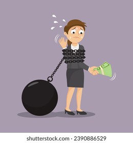 Businesswoman holding cash money in hand bound by a wide metal chain which locked to iron ball, Failure in business concept, illustration vector cartoon.  