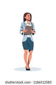 businesswoman holding checklist business woman office worker female cartoon character flat full length isolated vertical vector illustration