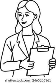 Businesswoman holding a clipboard, checklist management, task organization, project coordination. one continues line art vector illustration