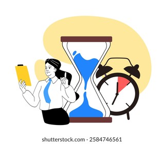 Businesswoman holding a clipboard and pen, standing near an hourglass and alarm clock on a yellow abstract background. Concept of time management