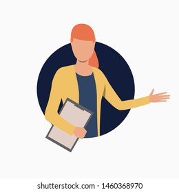 Businesswoman holding clipboard pointing with hand. Manager, advertising, promotion. Business concept. Vector illustration can be used for banners, webpages, posters