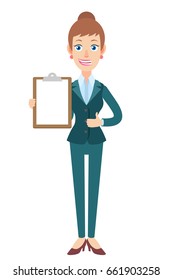 Businesswoman holding clipboard and showing thumb up. Full length portrait of Cartoon Businesswoman Character. Vector illustration in a flat style.