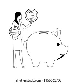 businesswoman holding cryptocurrency black and white