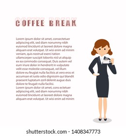businesswoman holding cup of coffee break concept. female cartoon character flat full length white background vector illustration.
