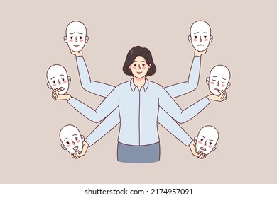 Businesswoman holding different masks choose moods and emotions in office. Woman feel emotional. Liar or bipolar disorder. Flat vector illustration. 