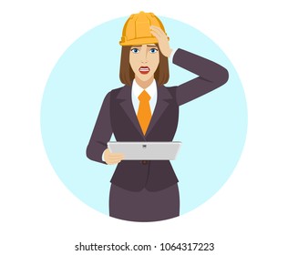 Businesswoman holding a digital tablet PC and grabbed his head. Portrait of businesswoman in a flat style. Vector illustration.