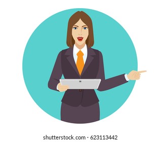 Businesswoman holding a digital tablet PC and pointing something beside of him. Portrait of businesswoman in a flat style. Vector illustration.