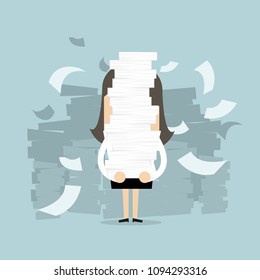 Businesswoman holding a lot of documents in her hands.
