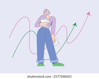 Businesswoman holding documents, smiling near colorful arrows. Concept of growth, business, progress, success. Flat vector illustration.