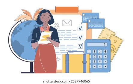 A businesswoman holding documents, surrounded by financial and global elements like a calculator, briefcase, money, chat bubbles, and a checklist, symbolizing business strategy. Vector illustration