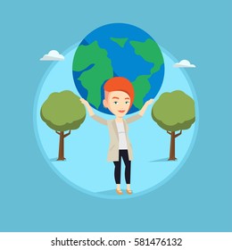 Businesswoman holding Earth globe over her head. Young business woman taking part in global business. Concept of global business. Vector flat design illustration in the circle isolated on background.