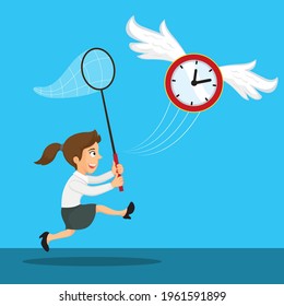 Businesswoman holding a fishing net to catch flying clock, illustration vector cartoon