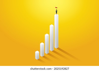 Businesswoman holding a flag on column graph has reached her goals and success, achievement  business challenges. Vector illustration.