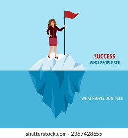 Businesswoman holding flag standing on iceberg in flat design. Success is like an iceberg. People only see the tip not the hard work underneath.