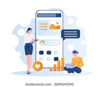 Businesswoman holding folders standing next to a large smartphone with interface elements, icons, and light bulb on abstract blue background. Concept of digital marketing. Vector illustration