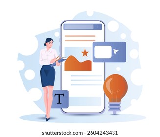 Businesswoman holding folders standing next to a large smartphone with interface elements, icons, and light bulb on abstract blue background. Concept of digital marketing. Vector illustration