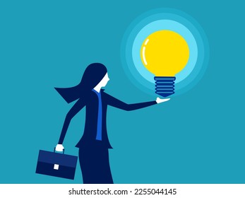 Businesswoman holding a glowing light bulb. knowledge and creativity. business concept vector illustration