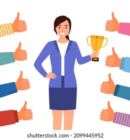 Businesswoman holding gold cup trophy award in flat design on white background. Manager female getting praises from her colleagues. Best employee.