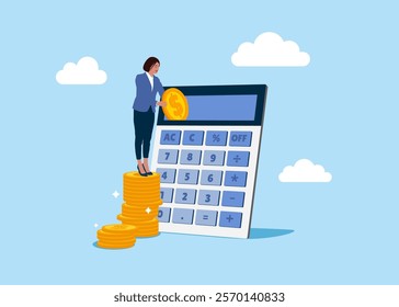 Businesswoman holding golden coin into calculator. Woman Make Savings, Collecting Money in Account, Open Bank Deposit. Family Finance Budget Economy Concept. Counting money calculator.