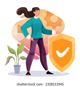 Businesswoman holding golden shield. Insurance, protection from dangers. Safety concept. Flat style vector illustration