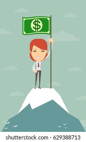 Businesswoman holding in hand flag with a banknote. Woman on top. Vector, illustration, flat