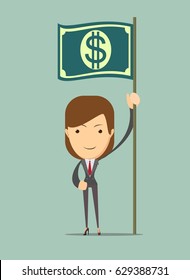 Businesswoman holding in hand flag with a banknote. Vector, illustration, flat