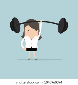 Businesswoman holding a heavy barbell with one hand. vector