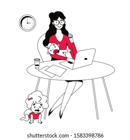 Businesswoman holding her infant baby, sitting at desk and working on computer. Female freelance worker with child at workplace. Maternity and career. Cartoon flat vector illustration in line style.