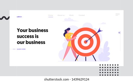 Businesswoman Holding Huge Target with Arrow in Center, Business Goals Achievement, Aims, Challenge, Solution, Business Strategy Website Landing Page, Web Page Cartoon Flat Vector Illustration, Banner