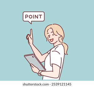 The businesswoman is holding an iPad and pointing at a highlighted speech bubble. Hand drawn style vector design illustrations.