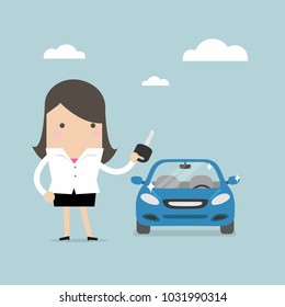 Businesswoman holding a key of a new car. vector