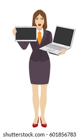 Businesswoman holding a laptop notebook and digital tablet PC. Full length portrait of businesswoman in a flat style. Vector illustration.