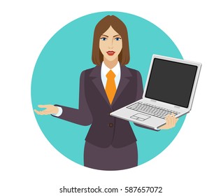 Businesswoman holding a laptop notebook and gesturing. Portrait of businesswoman in a flat style. Vector illustration.