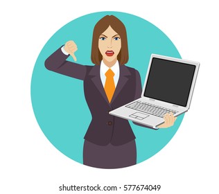 Businesswoman holding a laptop notebook and showing thumb down gesture as rejection symbol. Portrait of businesswoman in a flat style. Vector illustration.