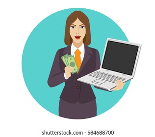 Businesswoman holding a laptop notebook and showing a money. Portrait of businesswoman in a flat style. Vector illustration.