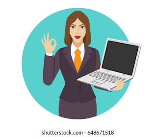 Businesswoman holding a laptop notebook and showing a okay hand sign. Portrait of businesswoman in a flat style. Vector illustration.