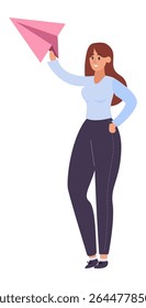 Businesswoman holding and launching pink paper airplane, new business or startup concept, flat cartoon vector illustration isolated on white background