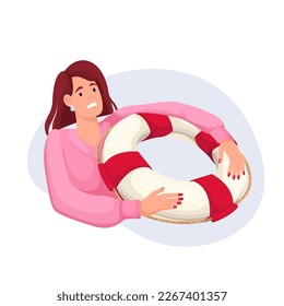 Businesswoman holding lifebuoy in hands to rescue vector illustration. Cartoon female entrepreneur in need of help in business and support of corporate leader or government, woman with lifeline