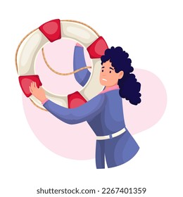 Businesswoman holding lifebuoy to survive vector illustration. Cartoon woman with anxiety in need of help, business stimulus and motivation at work, burnout and financial crisis of business person