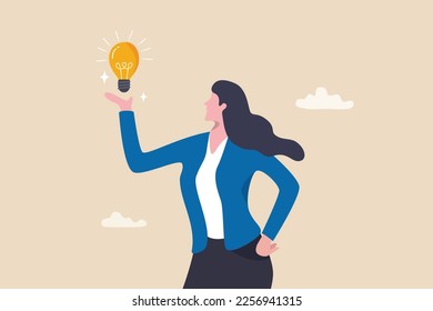 Businesswoman holding lightbulb idea, female or woman leader, solution to solve problem, creativity, imagination or brilliant business idea, entrepreneurship, discover new inspiration concept.