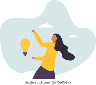 Businesswoman holding lightbulb idea, female or woman leader, solution to solve problem, creativity,business concept.flat character.