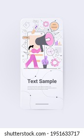 businesswoman holding loudspeaker digital marketing concept full length vertical copy space