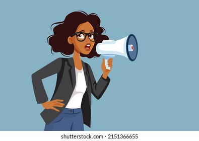 
Businesswoman Holding a Loudspeaker Vector Cartoon Illustration. PR specialist talking into a bullhorn making the brand message loud and clear 
