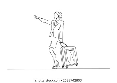 Businesswoman holding Luggage bag in continuous one line drawing. business trip concept. Editable vector.