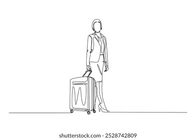 Businesswoman holding Luggage bag in continuous one line drawing. business trip concept. Editable vector.