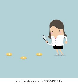 Businesswoman holding a magnifying glass follow dollar coins. vector