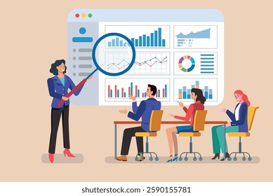 Businesswoman holding magnifying glass presenting company statistics to colleagues during a business meeting